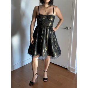 NWT Alice + Olivia Black Lace, Gold Mini "Yelle" Dress Size 2
